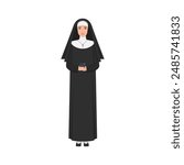 Nun standing with Bible book and smiling, woman in black and white costume vector illustration