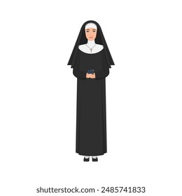 Nun standing with Bible book and smiling, woman in black and white costume vector illustration