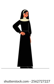 Nun In Traditional Black Attire In Flat Vector Illustration Symbolizing Religious Devotion, Modesty, And Spiritual Faith, Isolated On White Background