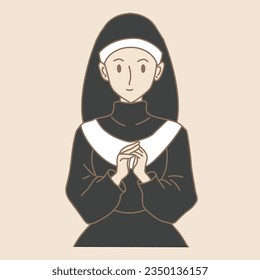 Nun in traditional clothes or habit.  Faithful religious sister praying. Hand drawn flat cartoon character vector illustration.