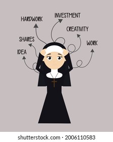 Nun Various Thoughts Flat Vector Cartoon Illustration