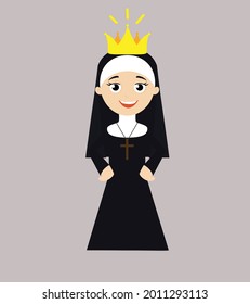 Nun Wearing Crown Flat Vector Cartoon Illustration