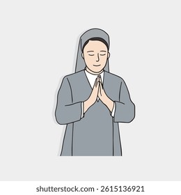 The nun is wearing a nun's robe and praying with her hands neatly put together. Vector design illustration related to the Catholic Bell