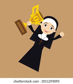 Nun Winning Trophey Flat Vector Cartoon Illustration