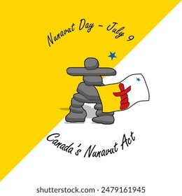 Nunavut Day event banner. Waving Nunavut flag stacked rock pile symbol on yellow and white background to celebrate on July 9th