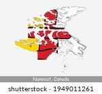 Nunavut Map Flag. Map of NU, Canada with flag isolated on white background. Canadian territory. Vector illustration.