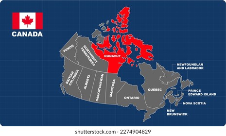 Nunavut Map, Nunavut red highlighted in 🇨🇦CANADA🇨🇦 map, flat design illustration vector