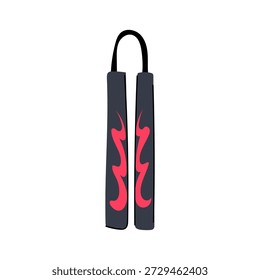Nunchaku featuring fiery red flame decals, representing traditional asian martial arts, self defense, strength, and dynamic combat sports training equipment