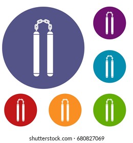 Nunchaku icons set in flat circle red, blue and green color for web