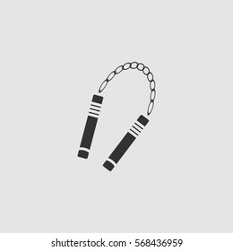 Nunchaku weapon icon flat. Black pictogram on grey background. Vector illustration symbol