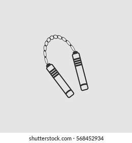 Nunchaku weapon icon flat. Black pictogram on grey background. Vector illustration symbol