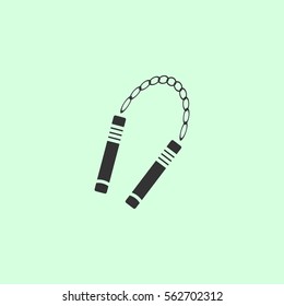 Nunchaku weapon icon flat. Grey vector symbol on green background