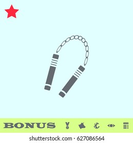 Nunchaku weapon icon flat. Grey pictogram on blue background. Vector illustration symbol and bonus buttons medal, cow, earth, eye, calculator