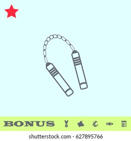 Nunchaku weapon icon flat. Grey pictogram on blue background. Vector illustration symbol and bonus buttons medal, cow, earth, eye, calculator