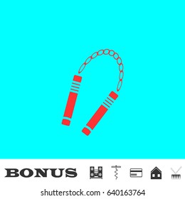 Nunchaku weapon icon flat. Red pictogram on blue background. Vector illustration symbol and bonus buttons Music center, corkscrew, credit card, house, drum