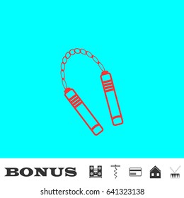 Nunchaku weapon icon flat. Red pictogram on blue background. Vector illustration symbol and bonus buttons Music center, corkscrew, credit card, house, drum