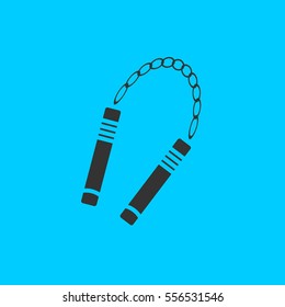 Nunchaku weapon icon flat. Simple vector black pictogram on blue background