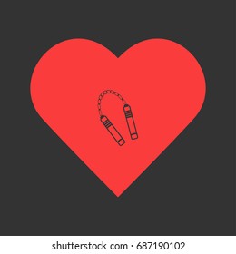 Nunchaku weapon icon flat. Simple pictogram on heart background. Vector illustration symbol