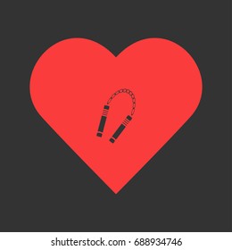 Nunchaku weapon icon flat. Simple pictogram on heart background. Vector illustration symbol