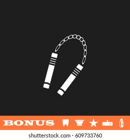 Nunchaku weapon icon flat. White pictogram on black background. Vector illustration symbol and bonus button tooth, vase, star, mirror, bottle