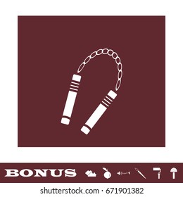 Nunchaku weapon icon flat. White pictogram on brown background. Vector illustration symbol and bonus icons