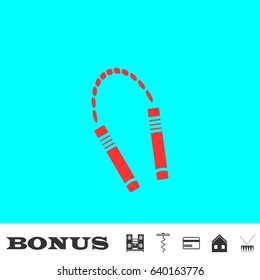 Nunchuck icon flat. Red pictogram on blue background. Vector illustration symbol and bonus buttons Music center, corkscrew, credit card, house, drum