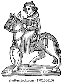 The Nun's Priest, this picture shows The Nun's Priest riding on horse, vintage line drawing or engraving illustration