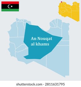 An Nuqat al Khams Libya Map - Northwestern District, Zuwara Capital and Tripolitania Region Vector Outline.