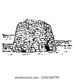 Nuraghe di Santa Sabina. Ruins of Nurhag stone tower. Sardinian ancient architecture. Hand drawn linear doodle rough sketch. Black silhouette on white background.