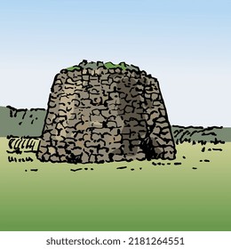 Nuraghe di Santa Sabina. Ruins of Nurhag stone tower. Sardinian ancient architecture. Hand drawn colorful vector art.