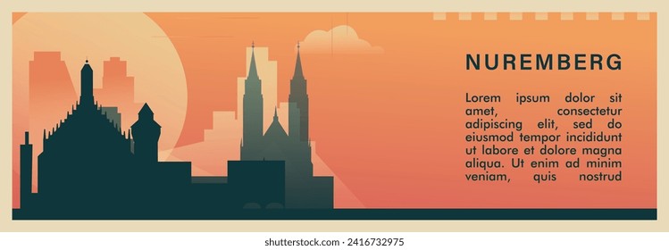 Nuremberg city brutalism vector banner with skyline, cityscape. Germany, Bavaria town retro horizontal illustration, travel layout for web presentation, header, footer