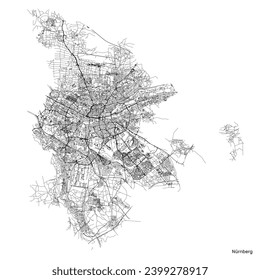 Nuremberg city map with roads and streets, Germany. Black and white. Vector outline illustration.