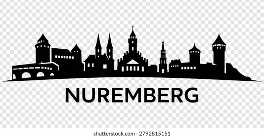 Nuremberg city skyline silhouette, vector illustration of the historic German city with its iconic medieval architecture and castle buildings.