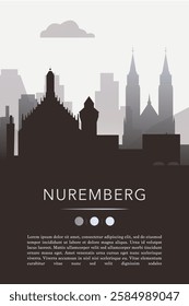 Nuremberg city template for website, presentation, front page, invitation, publication sheet with skyline, landmarks. Vector Germany image layout, simple and grayscale