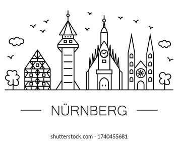 Nuremberg Cityscape Line Art: famous bildings - city symbols. 
Black and white drawing with straight lines.