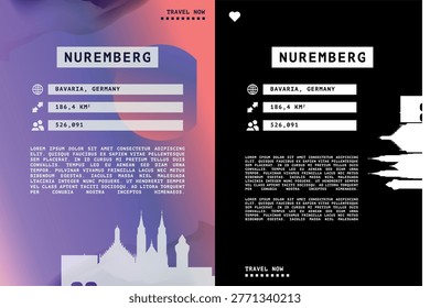 Nuremberg, Germany vector infographics, brochure layout set. Guide, leaflet, flyer, graphic templates with text, information, data, city skyline shape. Mock up, copy space images series