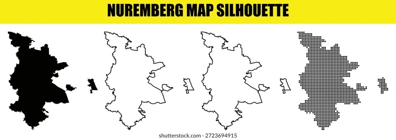 La colección de la silueta del mapa de Núremberg proporciona Ilustraciones vectoriales versátiles del territorio de la ciudad alemana. cuenta con relleno sólido, contorno preciso y versiones de patrón de puntos de medio tono.