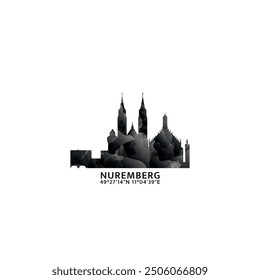 Nuremberg panorama, vector badge, skyline logo and icon. Germany city horizon logotype with landmarks and building silhouettes. Isolated foggy abstract gradient graphic