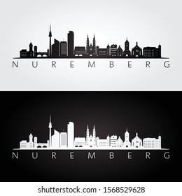 Nuremberg Skyline And Landmarks Silhouette, Black And White Design, Vector Illustration.