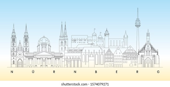 Nürnberg or Nuremberg skyline minimal linear vector illustration and typography design, Germany