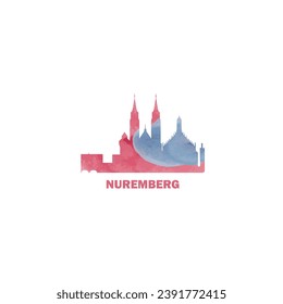 Nuremberg watercolor cityscape skyline city panorama vector flat modern logo, icon. Germany, Bavaria town emblem concept with landmarks and building silhouettes. Isolated graphic