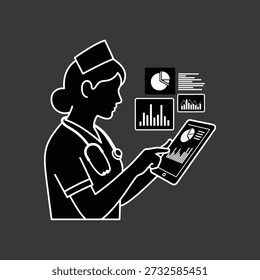 Nurse analyzing medical data on tablet, healthcare statistics, modern medicine, silhouette style, dark background