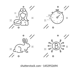 Nurse, Animal tested and Timer line icons set. Bitcoin system sign. Medicine pill, Bio product, Deadline management. Cryptocurrency scheme. Science set. Line nurse outline icon. Vector