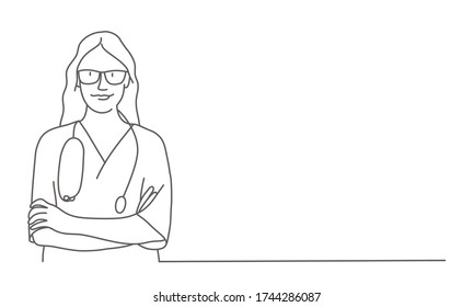 Nurse with arms crossed. Line drawing vector illustration.