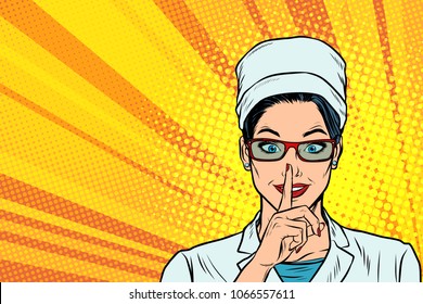 nurse asks for silence, gesture finger to lips. Pop art retro vector illustration comic cartoon vintage kitsch