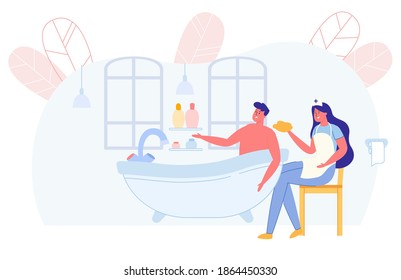 Nurse Assisstant Helping Disabled Man Taking Bath, Washing Character with Sponge Flat Cartoon Vector Illustration. Wheelchair near Bathtub. Accessories on Shelves. Service Staff Care.