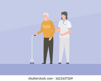 nurse assistant help old man or elder  to walk with simple flat concept