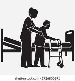 Nurse assisting elderly person with walker next to hospital bed caregiver senior