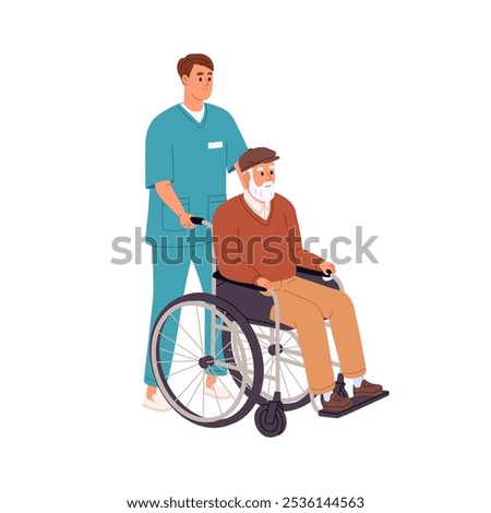 Nurse assisting old disabled man. Caregiver cares about elderly person in wheelchair. Carer helps senior, ill grandfather in wheel chair. Flat isolated vector illustration on white background