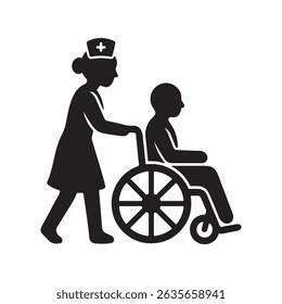 Nurse assisting patient in wheelchair providing medical care and transportation for recovery needs in hospital